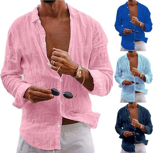 Mens Casual Cotton Linen Shirt Long Sleeve Loose Blouse Button Down Shirts-Tops - Picture 2 of 33