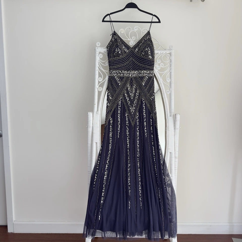 Marina Dress 12 Navy Sequin Rhinestone Maxi Floor Length Glam Gatsby Prom Gown - Image 2 of 4