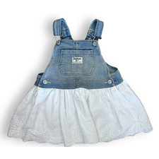 OshKosh Girl Bib Overalls Denim Dress White Eyelet Lace Vestbak 24M NWOT