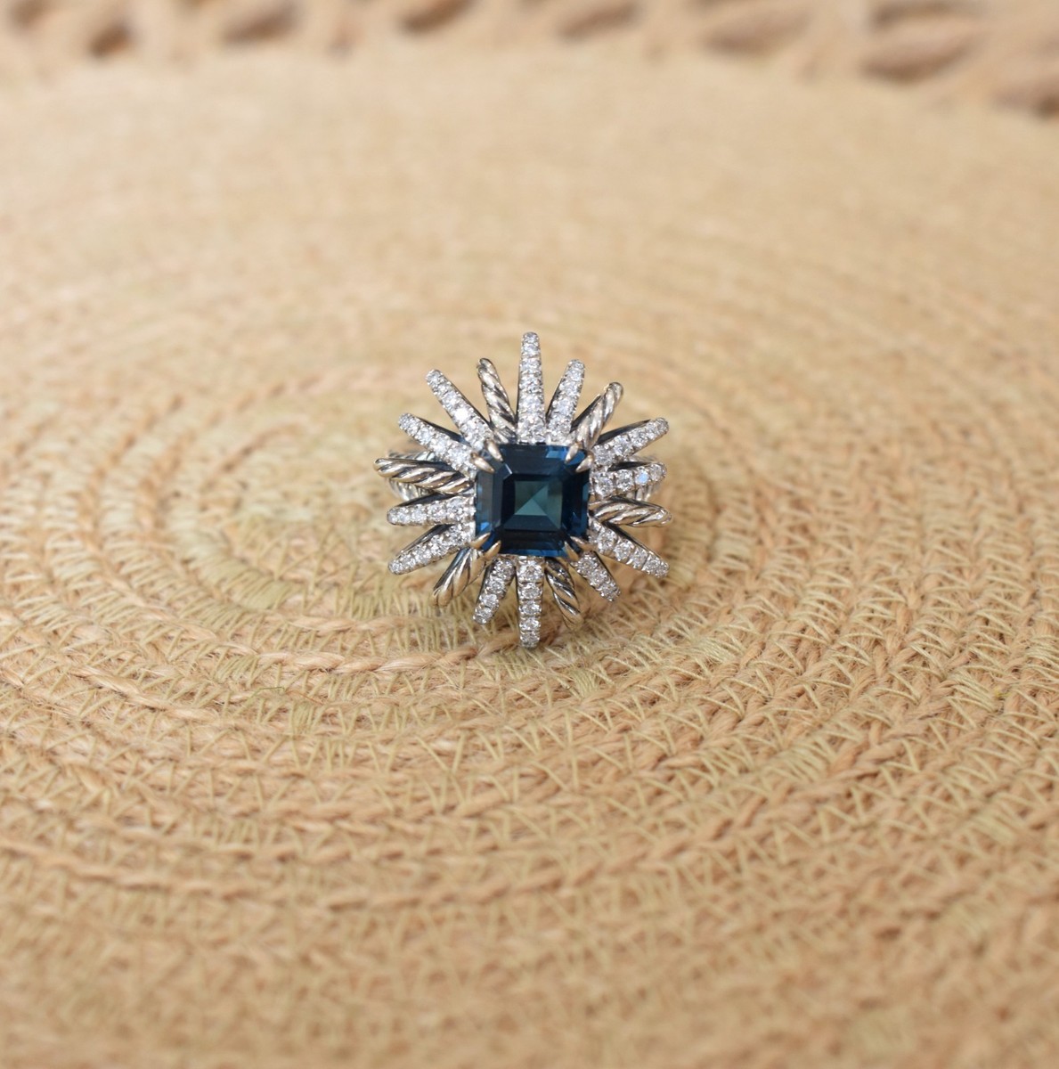 Pre-owned David Yurman Hampton Blue Topaz & Diamond Starburst Ring