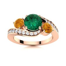 Emerald  Citrine Round 925 Sterling Silver Rose Plated Three Stone Women Ring