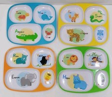 Set of 4 Kids Divided Food Plates/Trays Animals Alphabet Fox/Bear/Owl - New