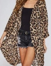 L love Leopard Print Sheer Chiffon Open Front Cardigan Kimono Duster Coverup OS