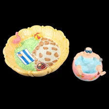 Vintage Lotus Tropical Beach Hot Tub Chip & Dip Serving Set Ceramic Bowl
