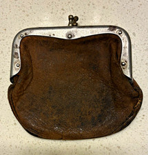 Vintage Brown Leather Coin Purse with Metal Frame Kiss Lock Clasp