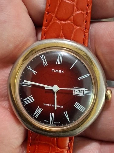 Vintage 1970s Red Timex Marlin 36mm Mechanical Wind Watch