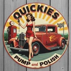 Quickies Pump And Polish 8" Diameter Vintage Novelty Metal Sign Made In USA