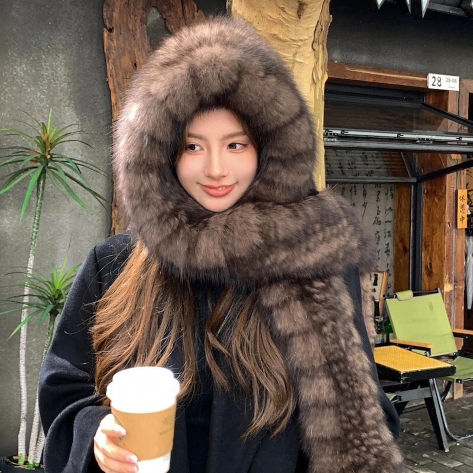Women's One Set Real Fox Fur Hat +Scarf Warm Knitted Scarves Outdoor Shawl Cap