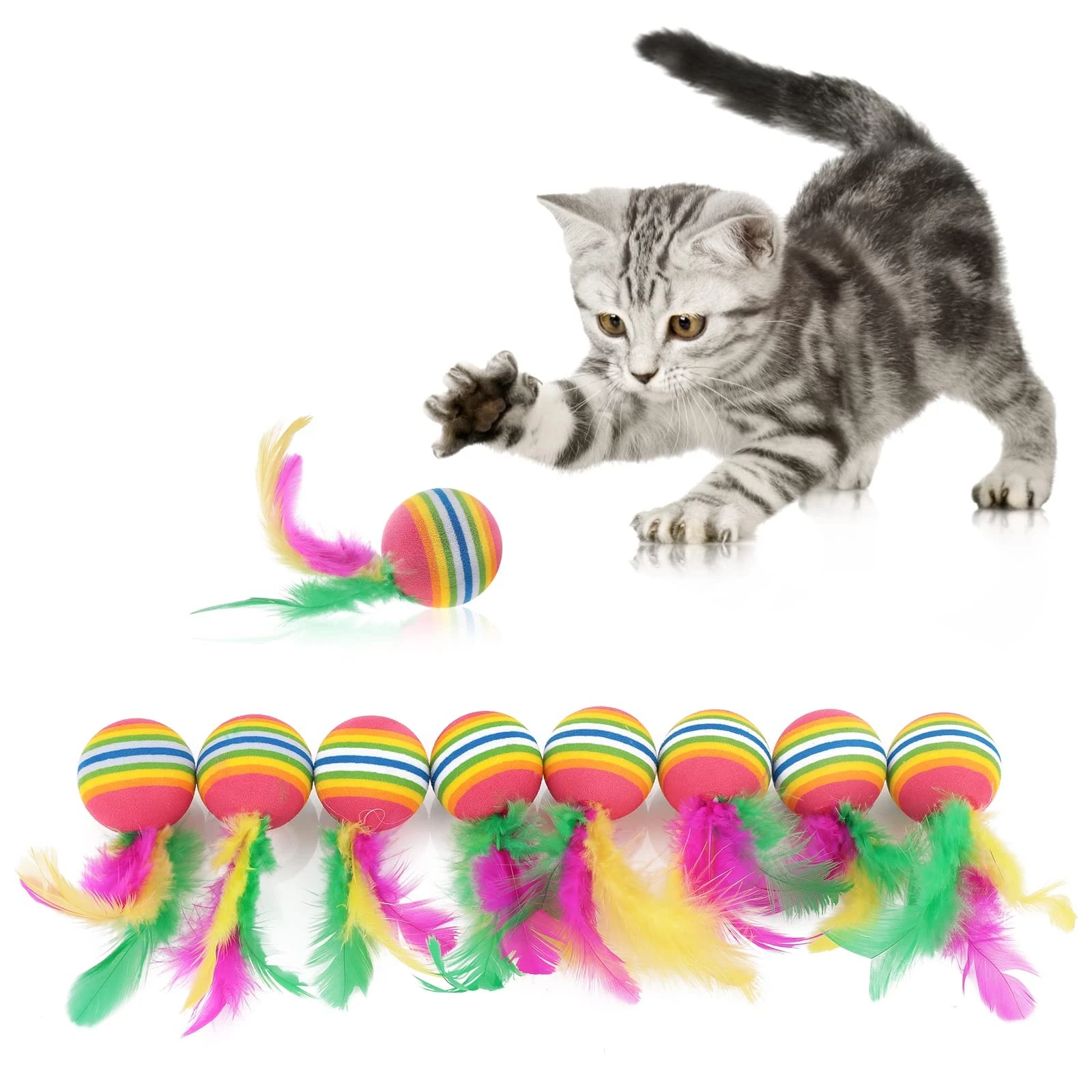 Cat Toys, Balls with Feather, Pack of 8, Rainbow Cat Balls, Toys, ...