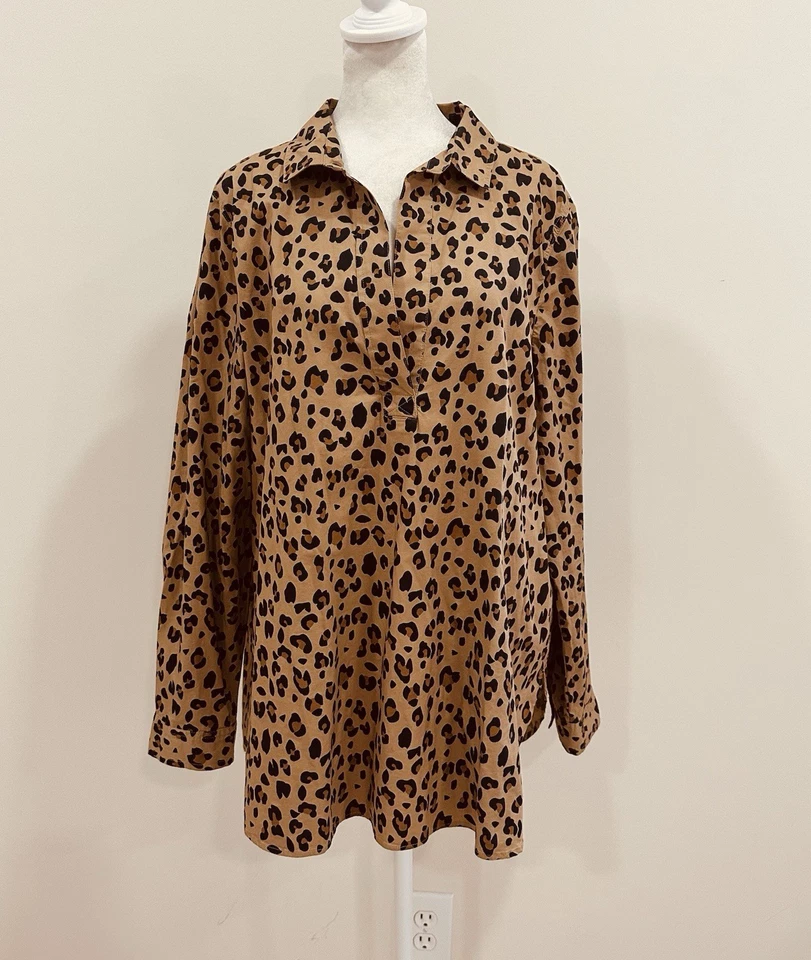 Camisa J Crew Leopardo Talla XL Marrón Tostado Negro Mangas Largas
