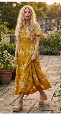 Anthropologie The Somerset Maxi Dress Embroidered Yellow Mustard Plus 3X |  eBay
