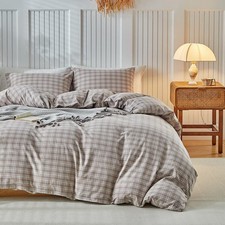 Washed Cotton Gingham Duvet Cover Queen Taupe Plaid Checkered Bedding Set 3 P...
