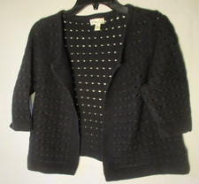 Kim Rogers Open Knit Black Open Front 3/4 Sleeve Crop Shrug Cardigan Size M