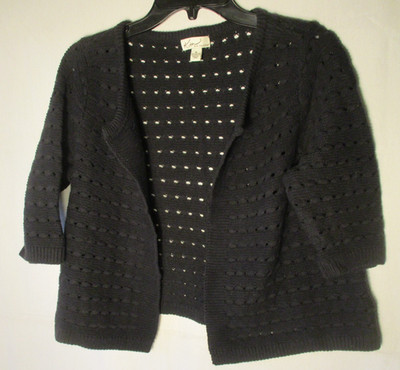 Kim Rogers Open Knit Black Open Front 3/4 Sleeve Crop Shrug Cardigan Size M
