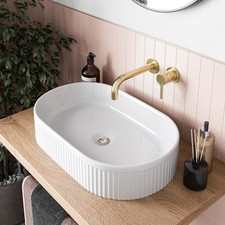 Bathroom Countertop Basin Sink Fluted Gloss White Oval Modern 573 x 358mm