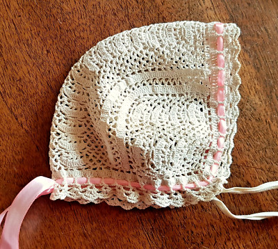 DOLL - Off White Crochet Beanie and Pink Satin Ribbon