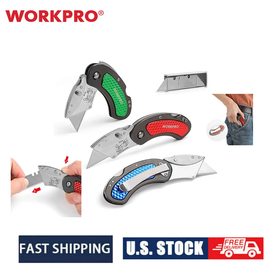 Juego de cuchillos utilitarios plegables WORKPRO 3 PIEZAS hoja de cambio rápido con 10 piezas cuchillas adicionales Foto 4 de 4