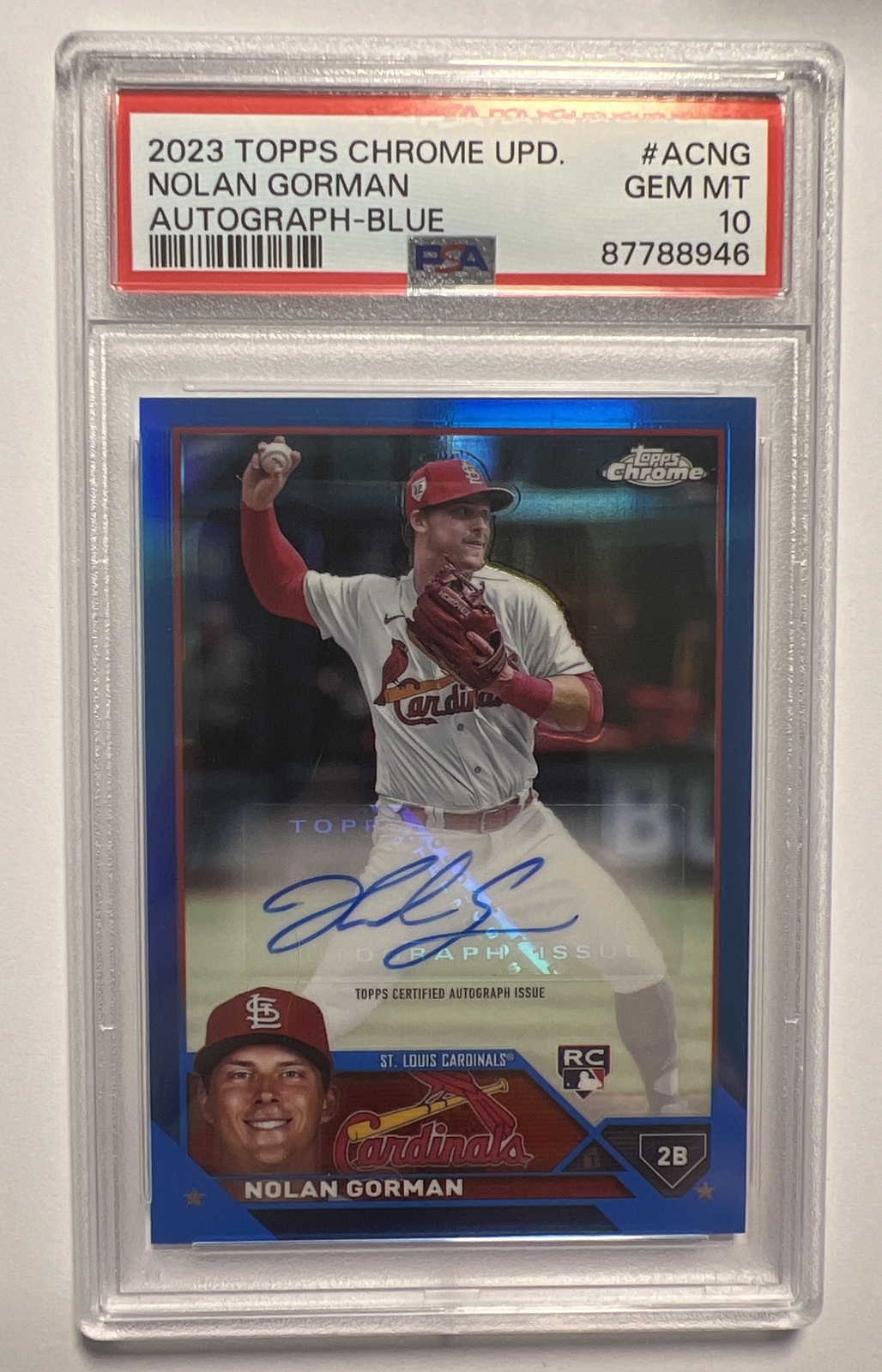 2023 Topps Chrome Update Nolan Gorman Rookie RC Blue Refractor /150 Auto PSA 10