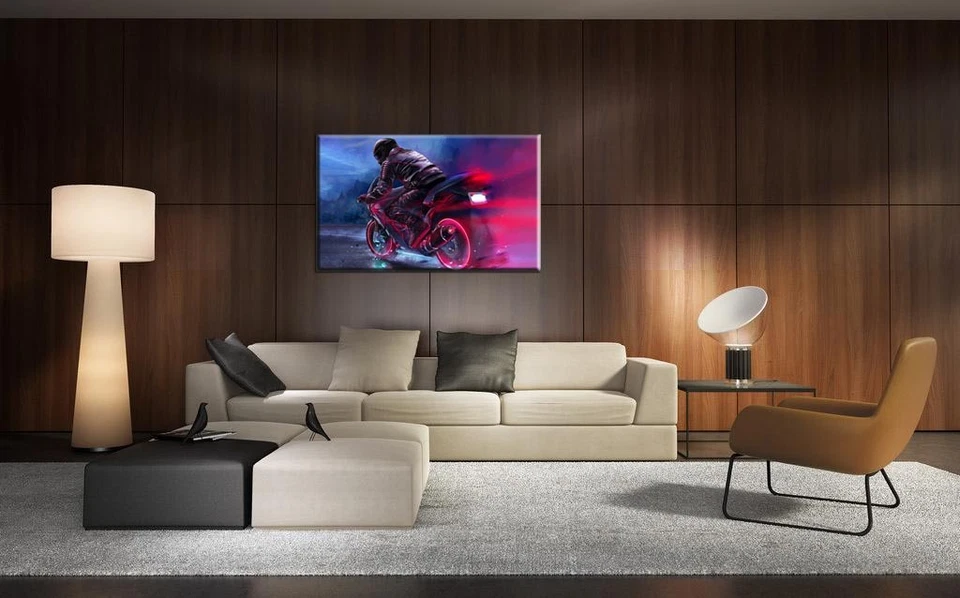 Arte de pared para sala de estar decoración colorida pintura piloto motocicleta impresa en lienzo Foto 4 de 4