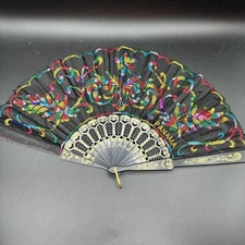 Folding Fan Black Embroidered Sequined Hand-Held Personal Decorative Panama