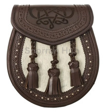 Scottish Handmade Real Brown Leather Brogue Style Scottish Kilt Sporran For Men