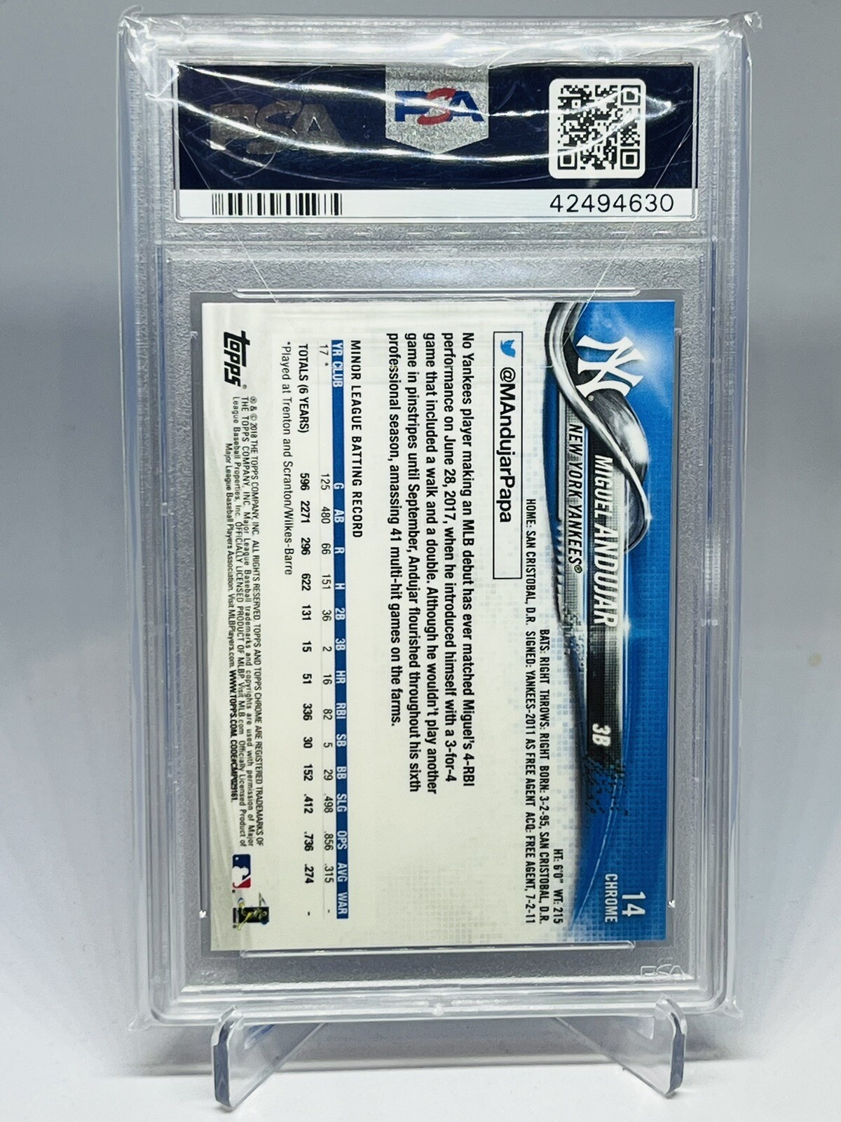 Miguel Andujar 2018 Topps Chrome #14 PSA 10 GEM MT Rookie RC