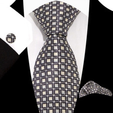 Classic Checks Brown White Jacquard Silk Men's Tie Necktie Hanky Cufflink Set