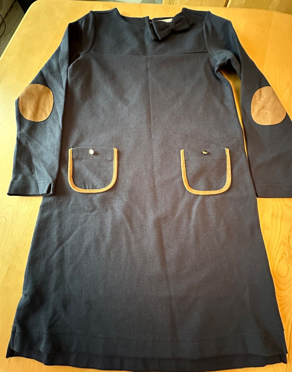 HOPE & HENRY BLUE KNIT W/ POCKET ELBOW PATCHES DRESS GIRLS SZ 8