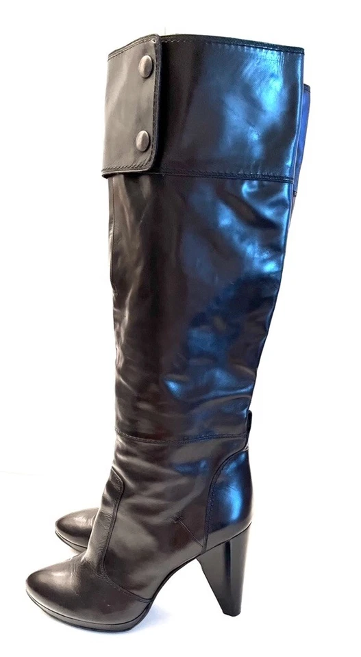 Costume National Black Leather Knee High Pull on Heel Boots SZ 38/8 - Image 3 of 4