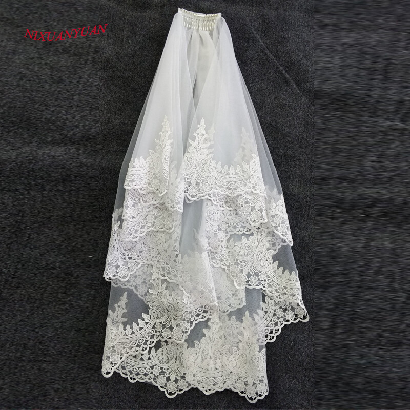 Two Layer White Ivory Tulle Bridal Veil With Comb Lace Edge Short
