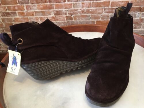 Fly London Dark Brown Suede Ruched Yebi 39 8 Tie-Back Wedge Ankle Boot NEW - Picture 3 of 4