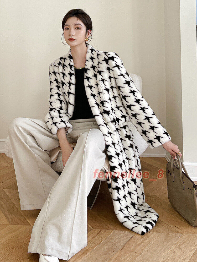 Women's Houndstooth Faux Mink Fur Coat V-neck Velvet Long Parka