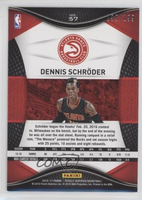 2016-17 Panini Totally Certified Red /199 Dennis Schroder #57 - Image 2 of 2