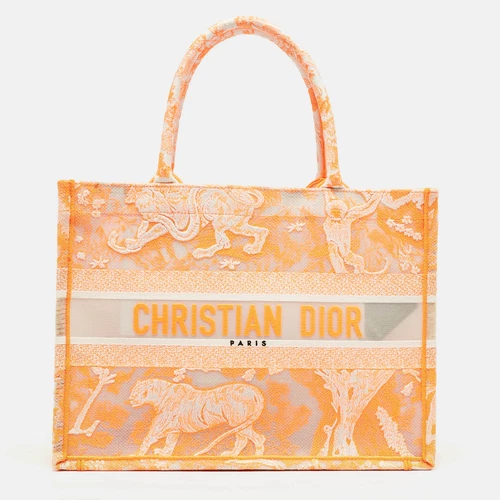 Sac fourre tout Dior orange fluo toile de jouy maille brodée moyen livre