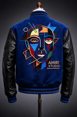 AMIRI Studio Blue & Black Varsity Jacket   Cubist Back Graphic Edition