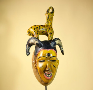 African Vintage Guro Tribal Mask with Spotted Antelope and Horn Figure Art-G6049