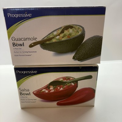Progressive Guacamole Salsa Dipping Bowl Set Avocado Pepper Handpainted Ceramic