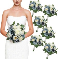 Set of 6 Dusty Blue  White Artificial Bridesmaid Bouquets 11 Inch Round Wedding