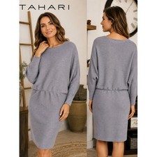 Tahari Ribbed Knit Sweater Dress Gray Lavender Long Sleeve Boat Neck Midi Size L