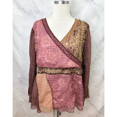 Vintage Y2K Babydoll Blouse Top 18W 20W Brown Pink Gypsy Whimsigoth Wrap 00s