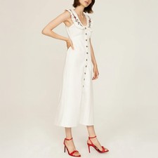 Rixo Nova White Embroidered Cotton Button Front Midi Dress US 4