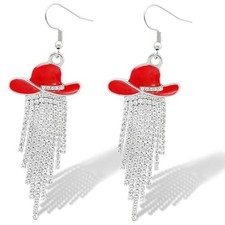 Western Cowgirl Enamel Hat Sparkly Rhinestone Tassel Silver Tassels, Red Hat