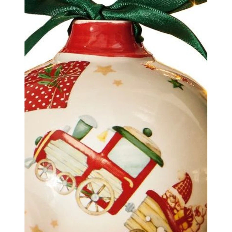 Palla di Natale Ceramica BRANDANI Trenino Decorazione Albero 10 cm Fiocco Raso, fotografia 7 di 9