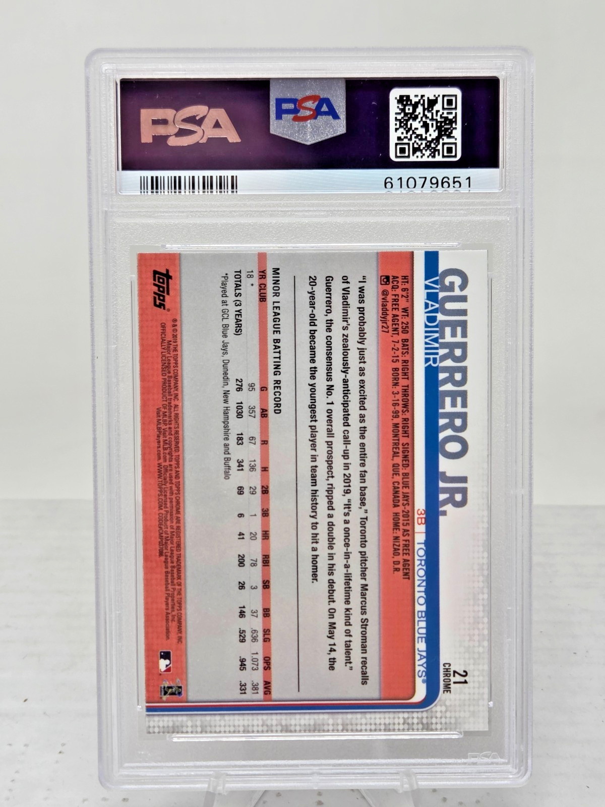 2019 Topps Chrome Update VLADIMIR GUERRERO JR RC Rookie Baseball Card PSA 9 MINT view 2
