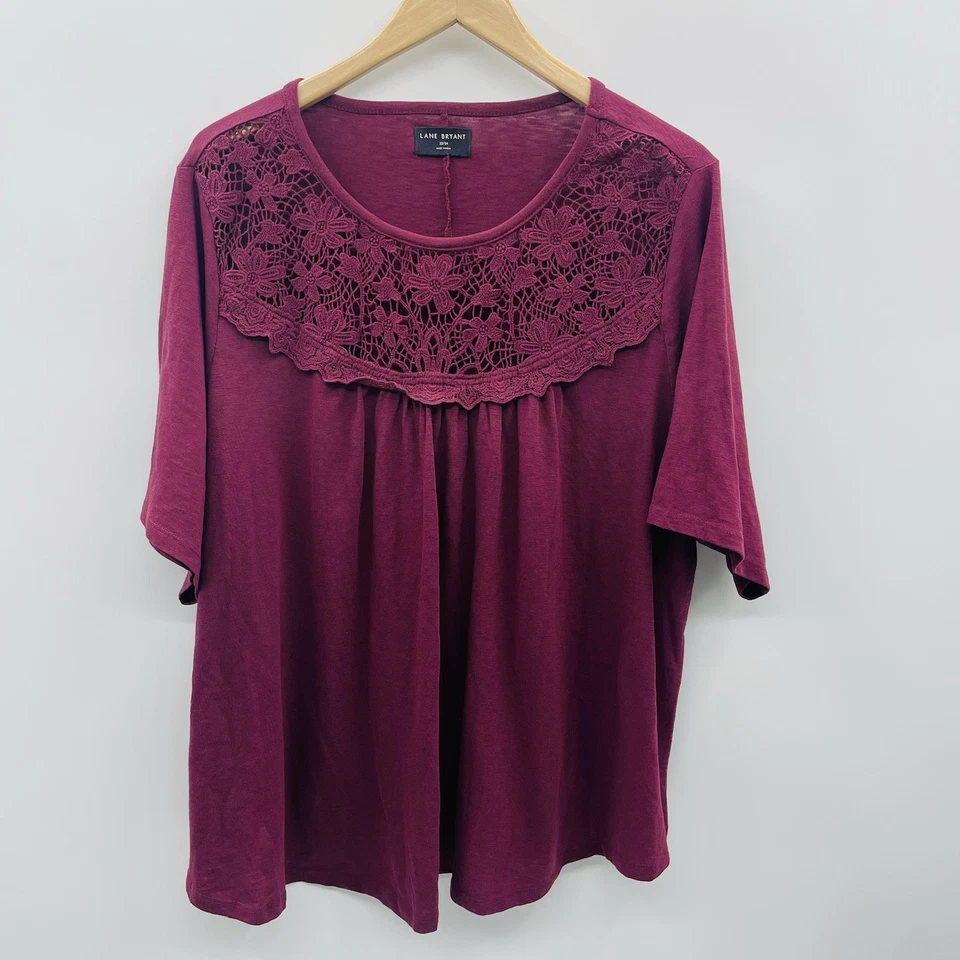 Lane Bryant Womens Plus Size 22/24 Swing Perfect Sleeve Lace Yoke Tee Maroon 395 - Image 3 of 4