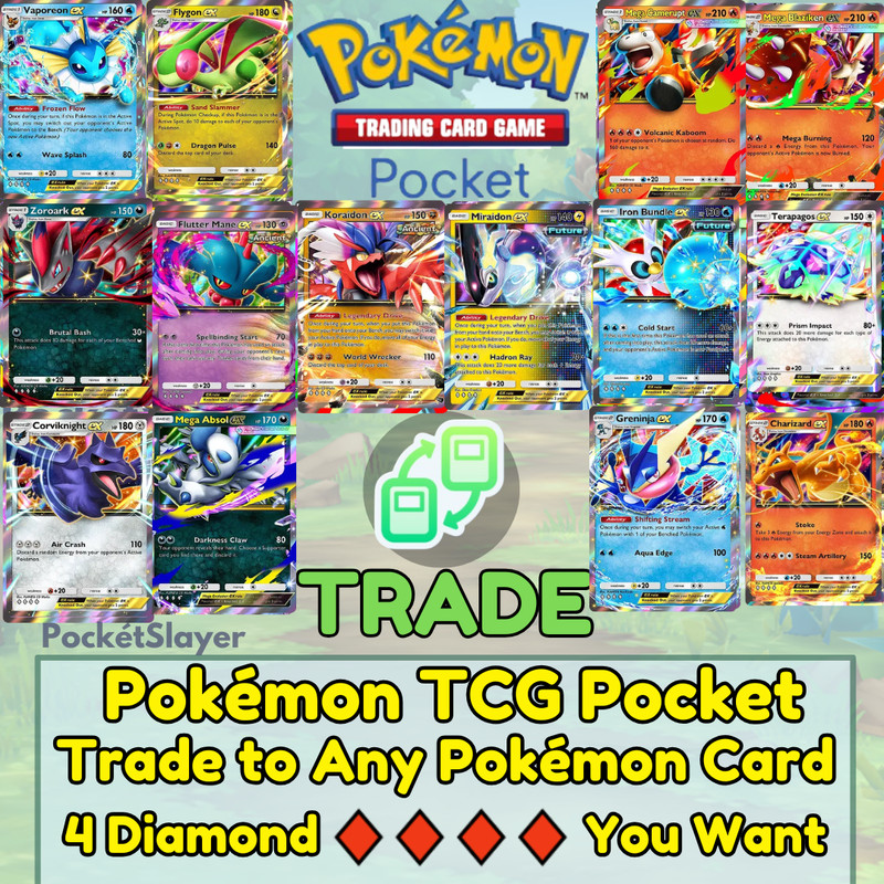Pokemon TCG Pocket Trading Trade any 4 Diamond Card Pokemon eX 🔶🔶🔶🔶 you want