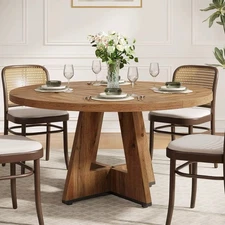 47” Round Solid Wood Dining Table | Modern Rustic Pedestal Base