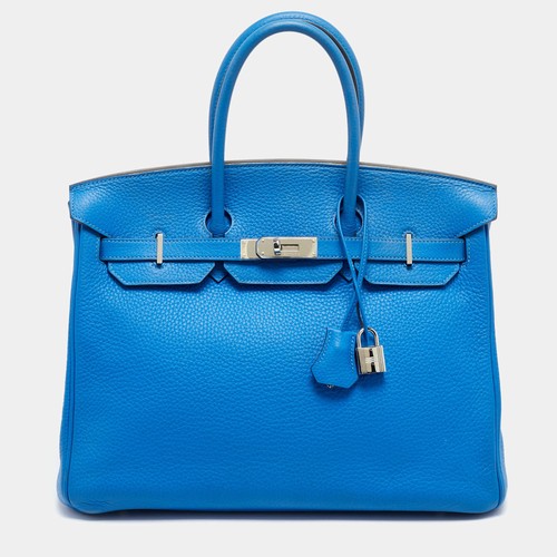Hermes Birkin 35 Palladium Finish Bleu Hydra Taurillon Clemence Leather Tote