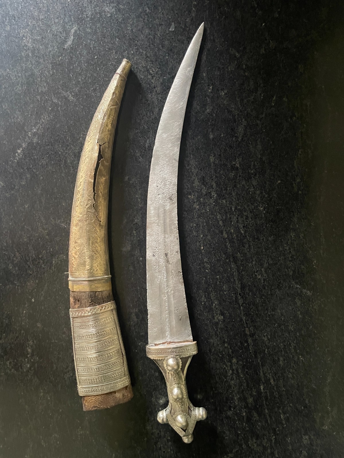 Antique Arabian Jambiya Dagger – Silver-Brass – Worn Scabbard – As is.