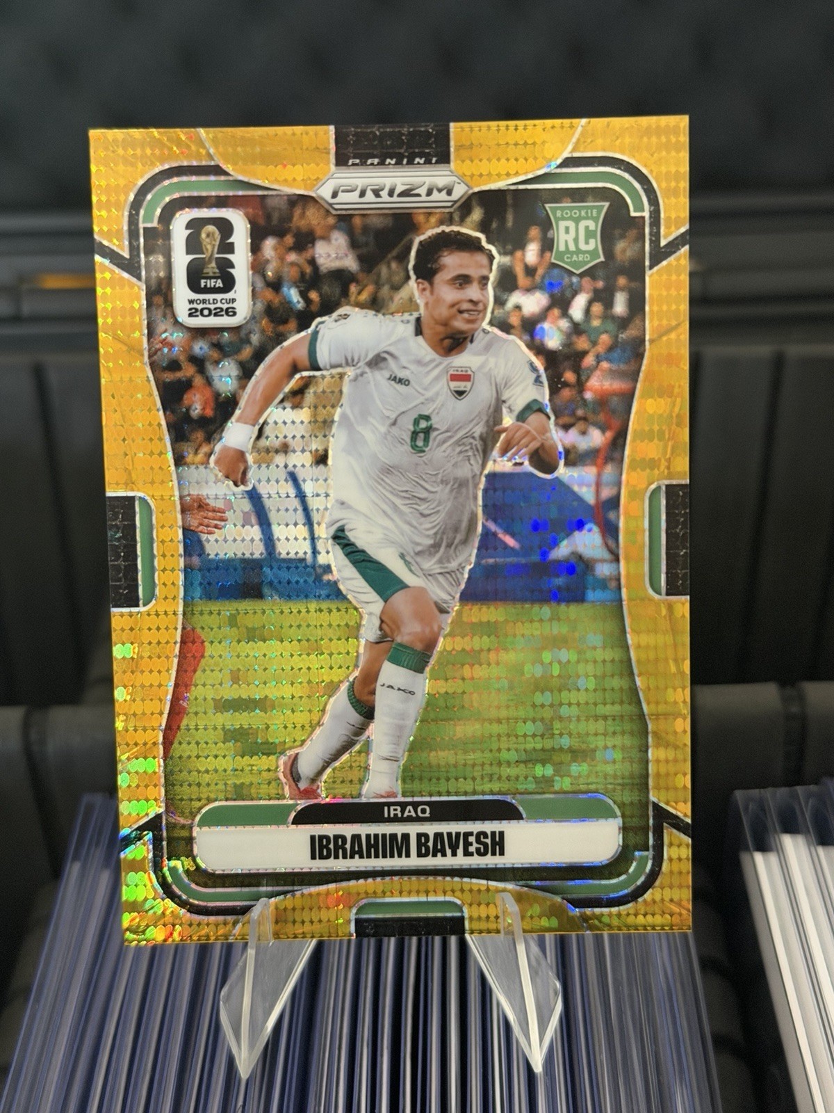Ibrahim Bayesh 2026 Panini Prizm FIFA World Cup Gold Prizm RC Rookie 9/10 Iraq view 2